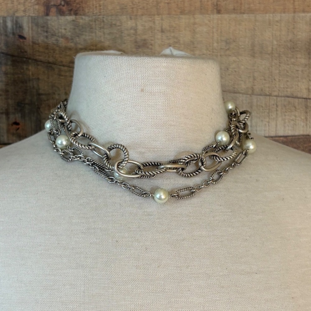 Multi Strand Silver Tone Faux Pearl Layered Toggle Clasp Necklace 18 Inch